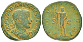 GORDIAN III.(238-244).Rome.Sestertius.

Obv : IMP GORDIANVS PIVS FEL AVG.
Laureate, draped and cuirassed bust right.

Rev : IOVI STATORI S - C.
Jupite...
