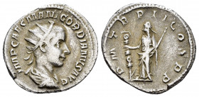 GORDIAN III.(238-244).Rome.Antoninianus.

Obv : IMP CAES M ANT GORDIANVS AVG.
Radiate draped and cuirassed bustof Gordian III to right.

Rev : P M TR ...