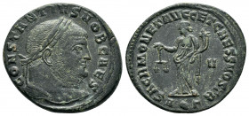 CONSTANTIUS I.(293-305).Aquilea.Follis. 

Obv : CONSTANTIVS NOB CAES.
Laureate head right.

Rev : SACR MONET AVGG ET CAESS NOSTR AQΓ.
Moneta standing ...