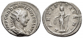 GORDIAN III.(238-244).Rome.Antoninianus.

Obv : IMP GORDIANVS PIVS FEL AVG.
Radiate, draped, cuirassed, bust right.

Rev : LAETITIA AVG N.
Laetitia, d...