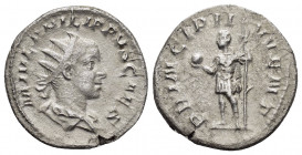 PHILIP II.(247-249 ).Rome.Antoninianus.

Obv : M IVL PHILIPPVS CAES.
Radiate, draped, cuirassed, bust right.
 
Rev : PRINCIPI IVVENT.
Philip II, stand...