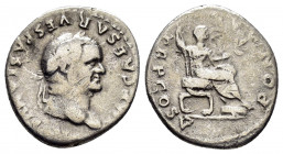 VESPASIAN.(69-79).Rome.Denarius.

Obv : IMP CAESAR VESPASIANVS AVG.
Laureate bust right.

Rev : PON MAX TR P COS V.
Vespasian, togate, seated right on...