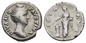 DIVA FAUSTINA I.(Died 140).Rome.Denarius.

Obv : DIVA AVG FAVSTINA.
Draped bust right.

Rev : PIETAS AVG.
Pietas standing left, holding incense box an...
