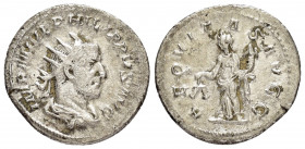 PHILIP II.(247-249).Antioct.Antoninianus.

Obv : IMP M IVL PHILIPPVS AVG.
Radiate draped cuirassed bust right.

Rev : AEQVITAS AVGG.
Aequitas, draped,...