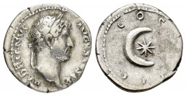 HADRIAN.(117-138).Rome.Denarius.

Obv : HADRIANVS AVGVSTVS.
Laureate head right.

Rev : COS III.
Star within crescent.
RIC 200.

Condition : Beautiful...