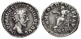 MARCUS AURELIUS.(161-180).Rome.Denarius.

Obv : IMP M AVREL ANTONINVS AVG.
Laureate head right.

Rev : CONCORD AVG TR P XV COS III.
Concordia seated l...