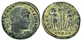 CONSTANTINE I.(307-337).Arelate.Follis. 

Obv : CONSTANTINVS MAX AVG.
Laureate, draped and cuirassed bust right.

Rev : GLORIA EXERCITVS / (branch) / ...