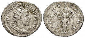 PHILIP I.(244-249).Rome.Antoninianus.

Obv : IMP M IVL PHILIPPVS AVG.
Radiate draped cuirassed bust right.

Rev : VICTORIA AVGG.
Victory, winged, drap...