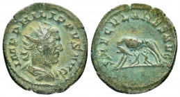 PHILIP I.(247-249).Roma.Antoninianus.

Obv : IMP PHILIPPVS AVG.
Radiate, draped bust, cuirassed, right.

Rev : SAECVLARES AVGG.
She-wolf standing left...