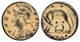 CONSTANTINE I.(307-337).Commemorative series.Cyzicus.Follis. 

Obv : VRBS ROMA.
Helmeted and cuirassed bust of Roma left.

Rev : •SMKA.
She-wolf stand...
