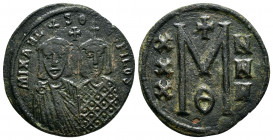 MICHAEL II AMORIANUS with THEOPHILUS.(820-829).Constantinople.Follis. 

Obv : MIXAHL S ΘEOFILOS.
Crowned facing busts of Michael, wearing chlamys, and...