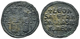 LEO VI.(886-912).Constantinople.Follis.

Obv : + LEOn S ALEXAnGROS.
Leo VI and Alexander, each crowned and wearing loros, seated facing on double thro...