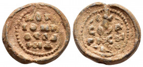 BYZANTINE LEAD SEAL.(Circa 11 th Century).Pb.

Obv : Inscription of four lines.Border of dots.

Rev : Inscription of three lines and a decoration belo...