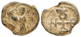 BYZANTINE LEAD SEAL.(Circa 11 th Century).PB Seal. 

Obv : Saint Demetrios, nimbate and wearing himation, standing left.

Rev : Cruciform monogram.

C...