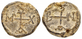 BYZANTINE LEAD SEAL.(Circa 5 th-6th Century).PB Seal.

Obv : In the name of Illustrious Patrikios.Cruciform monogram within border of dots.

Rev : Cru...