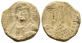 BYZANTINE LEAD SEAL.Constantine VII.(913-959).Pb.Seal 

Obv : Bust of Christ Pantokrator facing, with cross nimbus, holding book of Gospels in his lef...