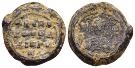 BYZANTINE LEAD SEAL.(Circa 7 th - 12 th Century).PB Seal. 

Obv : Legend in three lines.

Rev : Bust of the Mother of God, orans, facing with medallio...