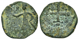 CRUSADERS.Edessa.Baldwin II, second reign.(1108-1118).Follis.

Obv : Baldwin II, wearing armor and conical helmet, standing front, head to left, holdi...