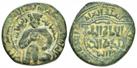 AYYUBID.al Ashraf Musa.(1210-1220).Mayyafariqin.608 AH.Dirham.

Obv : Turbaned prince seated facing, right leg drawn up, holding globe in right hand.
...