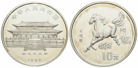 Volksrepublik / People's Republic
 10 Yuan 1990. 33 mm. Silber / Silver 0.850. Jahr des Pferdes / Year of the horse. In Kapsel, mit Zertifikat und Or...