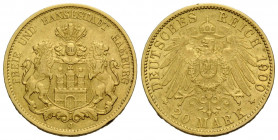 Hamburg, Stadt / city
 20 Mark 1900 Hamburg. 22.6 mm. Gold 0.900. Vs. Freie und Hansestadt Hamburg/ Obv. Helmeted arms with lions supporters, Rv. Leg...