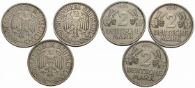 Bundesrepublik / Federal Republic
 2 Deutsche Mark 1951 G. 25.5 mm. 3 Stück / pieces à 7 g. Lot Kupfer-Nickel / Copper-Nickel. KM 111. 3 Expl. Schön ...