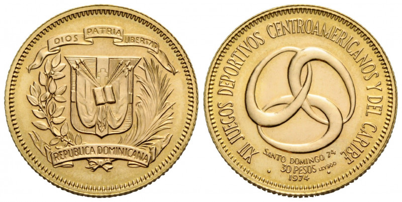 Republik
 30 Pesos 1974 24.0 mm. Gold 0.900 Drei ineinander greifende Ringe / T...