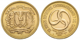 Republik
 30 Pesos 1974 24.0 mm. Gold 0.900 Drei ineinander greifende Ringe / Three interlocking rings XII JUEGOS DEPORTIVOS CENTROAMERICANOS Y DEL C...