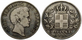 Otto, 1832-1862 5 Drachmen 1833. 37.2 mm. Silber / Silver. Othon. 5 Drachmai. KM 20. 22.00 g. Schön + / Fine +.