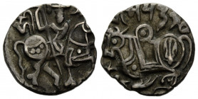 Kabul und Gandhara
Shahi-Königreich Dirham / Dirhem Ohind o.J. / N.D. 17.7 mm. Silber / Silver. Reiter mit Lanze nach rechts, Rv. Zebu mit Punktkrupp...