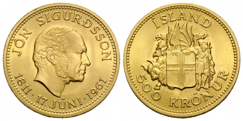 Republik / Republic
 500 Kronur 1961. 23.0 mm. Gold 0.900. Auf den 150. Geburts...
