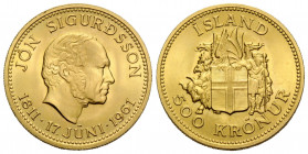 Republik / Republic
 500 Kronur 1961. 23.0 mm. Gold 0.900. Auf den 150. Geburtstag von / 150th birthday of Jon Sigurdsson. KM 14 / Friedberg 1. 8.96 ...