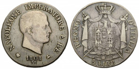 Königreich / Kingdom
Napoleone I. 1805-1814 5 Lire 1808 M. 36.3 mm. Silber / Silver 0.900. KM 10.7. 24.50 g. Schön / Fine.