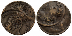 Königreich / Kingdom
Vittorio Emanuele II. 1861-1878 5 Centesimi 1861 Napoli. 25.17 mm. Kupfer / Copper. Fehlprägung / Mint-made error. KM 3 / Gigant...