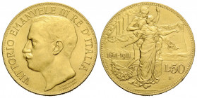 Königreich / Kingdom
Vittorio Emanuele III. 1900-1946 50 Lire 1911 28.0 mm. Gold. zum 50. Jahr des Königreichs. / On the 50th year of the Kingdom. Bü...