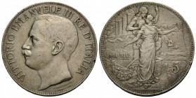 Republik
 5 Lire 1911 R. 37 mm. Silber / Silver 0.900. 1861-1911 50 Jahre Königreich / 50th Anniversary of the Kingdom. KM 53. 25.00 g. Sehr schön / ...