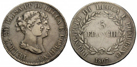 Lucca
Elisa Bonaparte und Felix Baciocchi, 1805-1814 5 Franchi 1807. 37.3 mm. Silber / Silver 0.900. KM 24. 24.70 g. Schön / Fine.