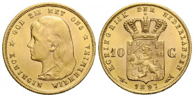 Königreich der Niederlande / Kingdom of the Netherlands
Wilhelmina 1890-1948 10 Gulden 1897. 22.65 mm. Gold 0.900. Vs. Junger Mädchenkopf mit langem,...