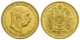 Franz Joseph I. 1848-1916 10 Kronen 1912. 19 mm. Gold 0.900. ( 10 Coronae ). KM 2816. 3.40 g. Häufig / Common. Vorzüglich / Extremely fine.