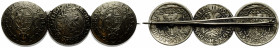 62.2 mm x 21.4 mm. Silber / Silver. Brosche aus bombierten 3 Münzen / Brooch made of bombed 3 coins. (Mittlere Münze / Middle coin Austria 3 Kreuzer 1...