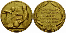 Basel / Basle Medaille
Vergoldete Kupfermedaille / Gilt copper medal 1910. 68.7 mm. Vs. zwei Personen in der Backstube / Obv. two people in the baker...