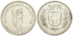 Eidgenossenschaft / Confederation Fehlprägungen
 5 Franken 1951. 37.0 mm. Silber / Silver. Alphirte. Fremdkörperprägung auf Rs. Mint-made error. Fore...