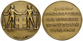 Schützentaler & Schützenmedaillen / Shooting talers & Shooting medals Aargau / Argovia
 Messingmedaille / Brass medal 1924. 50 mm. Aarau. Jahrhundert...