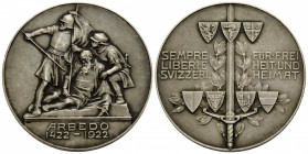 45 mm. Silbermedaille mattiert / Silver medal matted 1922. Vs. Erinnerung an die Schlacht von Arbedo 1422. Schlachtdenkmal. Stempel von A. Kögler. / O...