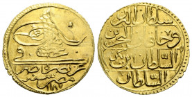 'Abd al-Hamîd I., 1187-1203 H./1774-1789 AD.
 1 Zer-i mahbûb 1187 H./ohne Regierungsjahr Misr (Kairo). 22.0 mm Goldmünze / gold coin. Mit Walizeichen...