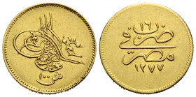 'Abd al-'Azîz, 1277-1293 H./1861-1876 AD.
 100 Kurush 1277 / Jahr 16 Misr (Kairo). 21.3 mm Goldmünze / gold coin. Örtliche Prägung mit Blume neben de...