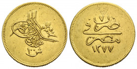 'Abd al-'Azîz, 1277-1293 H./1861-1876 AD.
 100 Kurush 1277 H./Jahr 7 Misr (Kairo). 21.6 mm Goldmünze / gold coin. Örtliche Prägung mit Blume neben de...