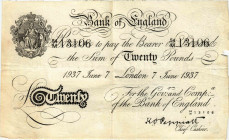 Grossbritannien Königreich
Bank of England 20 Pounds 1937. 7.6.1937. Unterschriften Peppiatt. Pick P. 337a. Kleine Papierverluste, sehr schön, -III /...