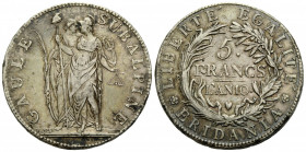 Zecche Italiane
 5 Francs / Franken / Franchi L'an 10 (1801) (Eridania). 36.5 mm. Silver / Silber 0.900. Vs. / Obv. GAULE SUBALPINE. Rs. / Rev. LIBER...