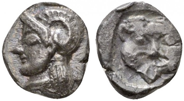 CLASSICAL COINS 
 EMPORIUM 
 Trihemiobol, about 450-425 BC. AR 0.87 g. Helmete...
